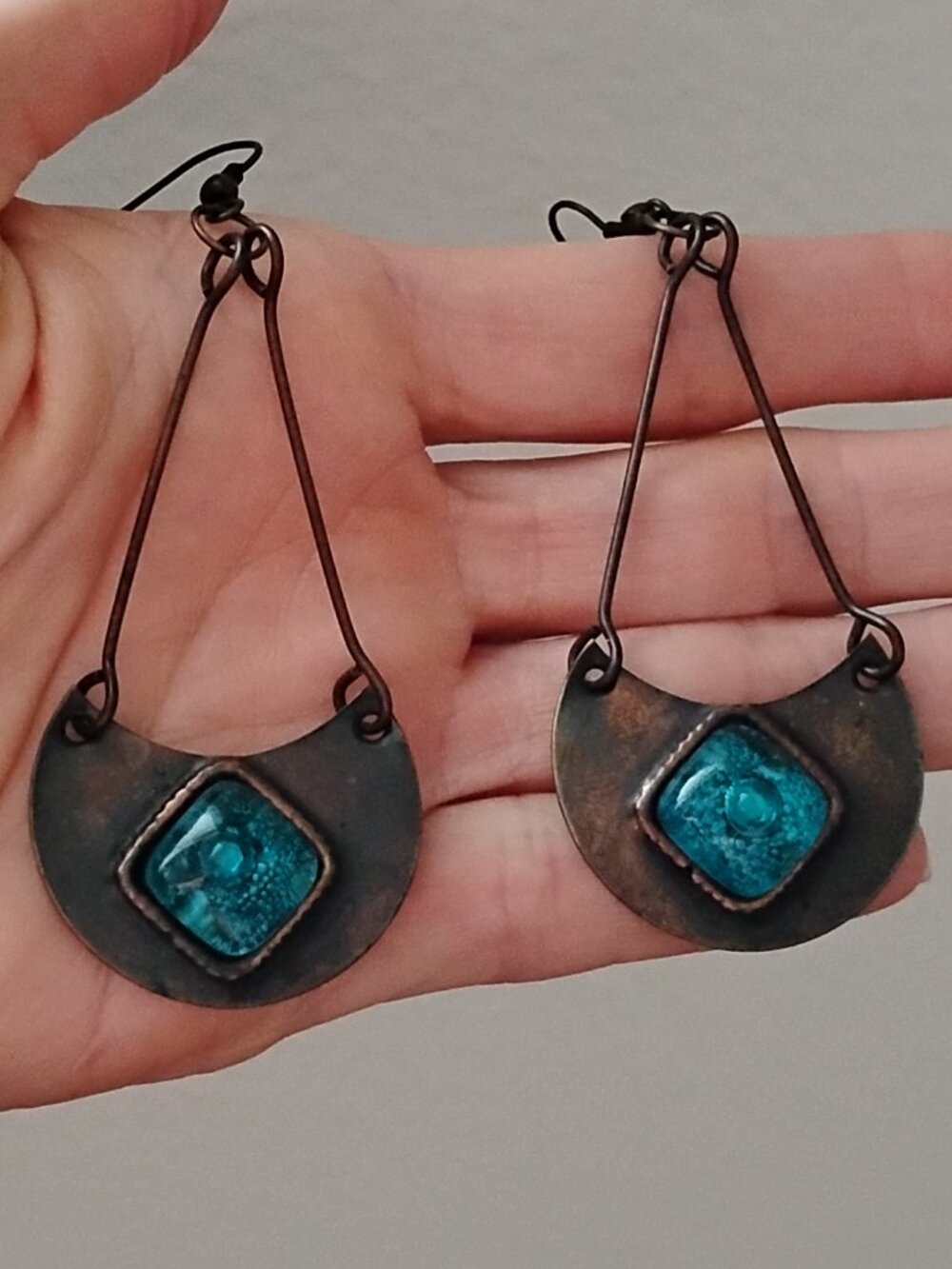 Handcrafted, Artisan Copper Earrings from Chile with aqua glass jewel accents